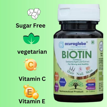 Acuraglobe Biotin 10000mcg for Healthy and Strong Hair, Nail and Skin (60 tablets)